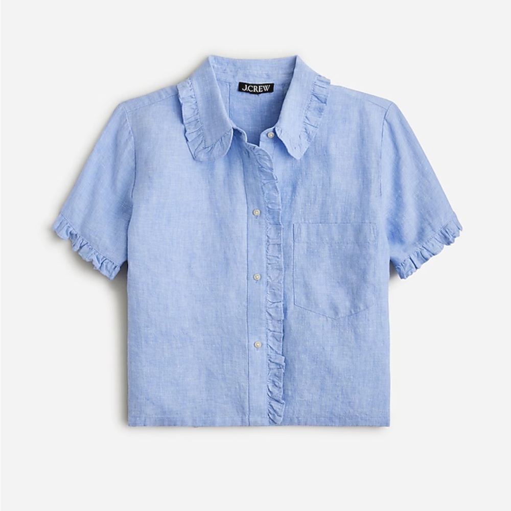 J.Crew Ruffle-trim button-up shirt in linen French Blue XL